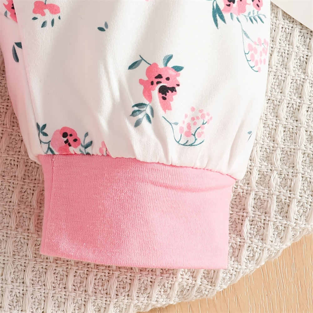 2PCS Elegant Floral Print Ruffle Long Sleeve Baby Jumpsuit
