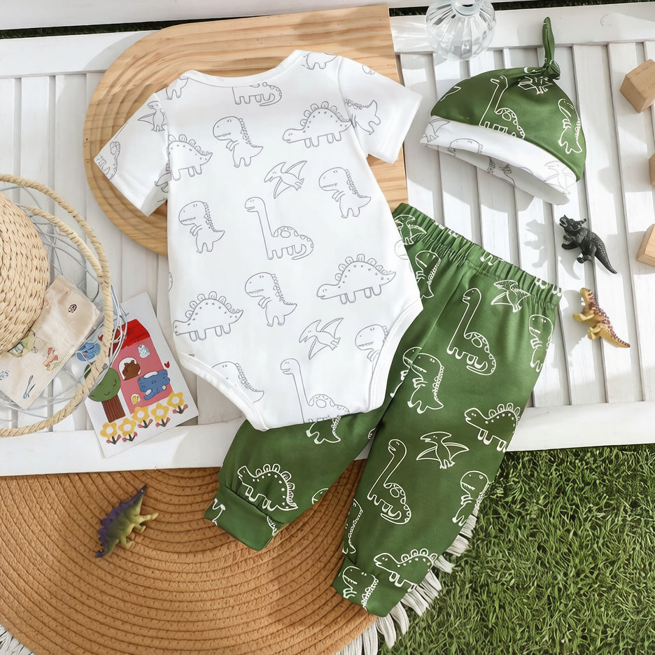 3PCS Adorable Dinosaur Print Short Sleeve Baby Set
