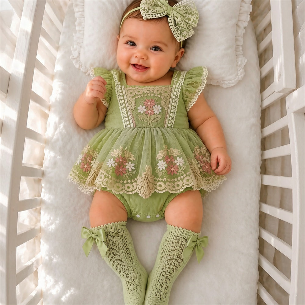 3PCS Adorable Floral Embroidery Flutter Sleeve Baby Romper