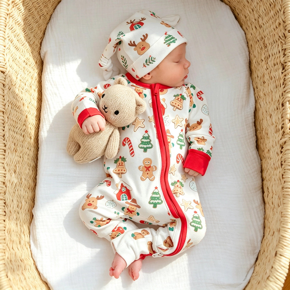 2PCS Lovely Christmas Tree Gingerbread Printed Zipper Baby Jumpsuit