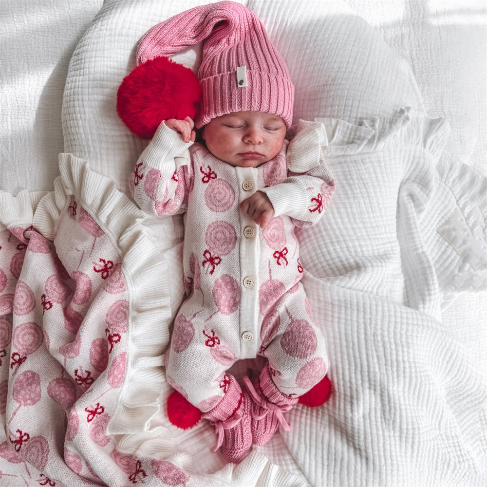 2PCS Sweet Lollipop Print Knit Ruffle Long Sleeve Baby Jumpsuit