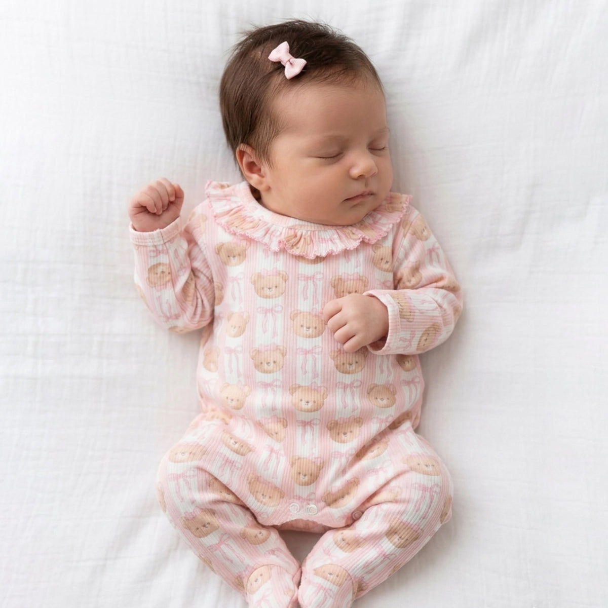 Quirky Bear Bowknot Print Ruffle Long Sleeve Baby Jumpsuit