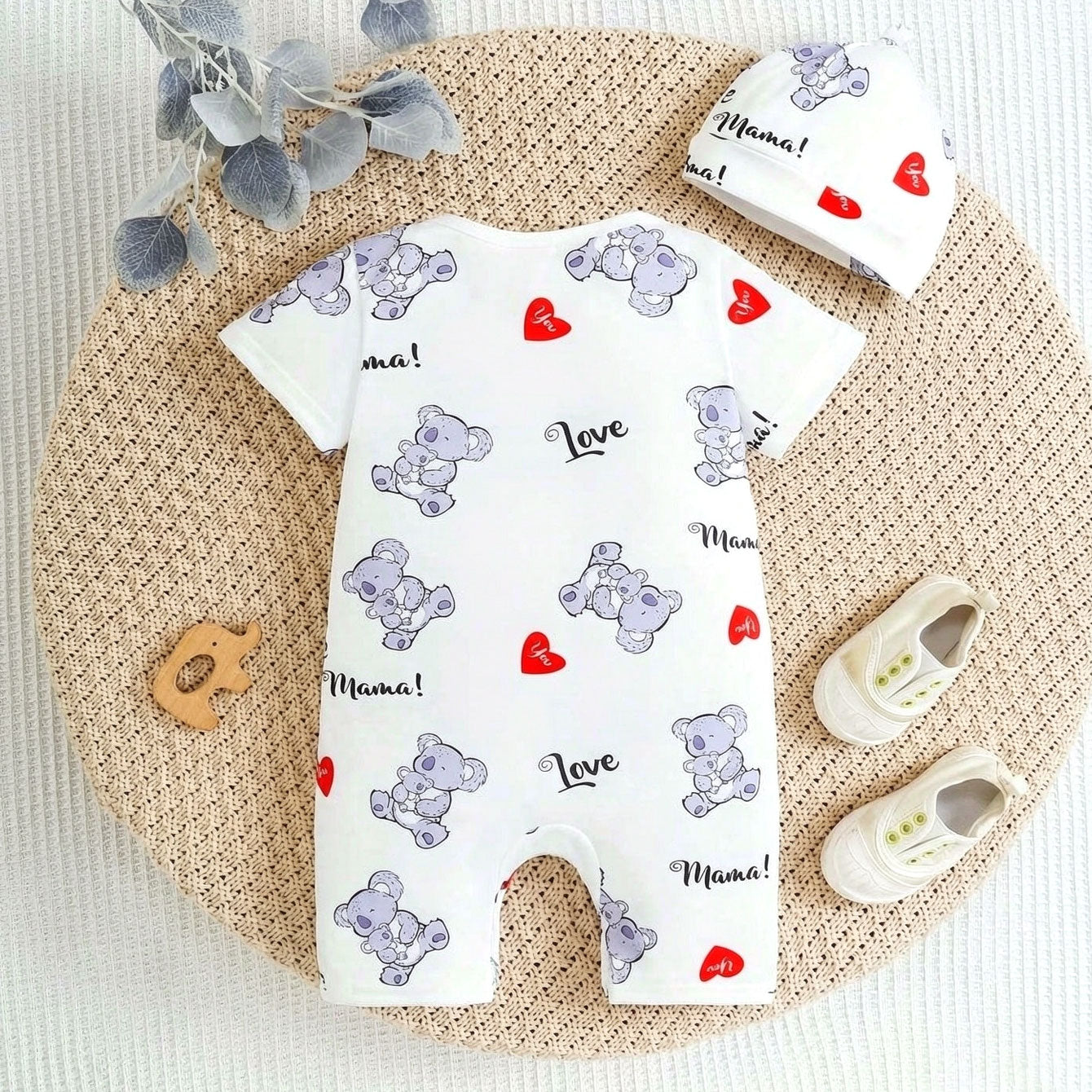 2PCS Love You Mama Letter Koala and Heart Printed Baby Jumpsuit