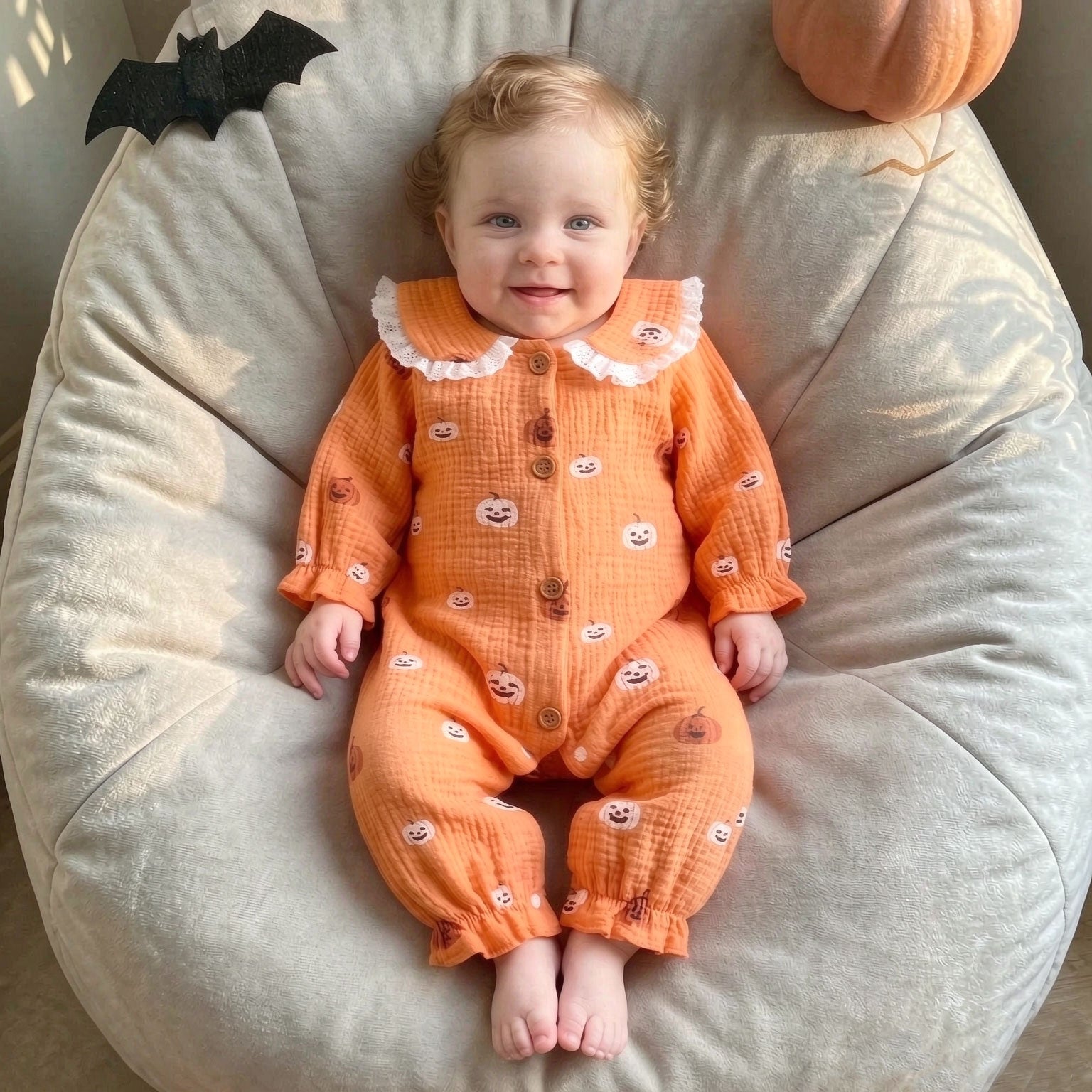 Lovely Halloween Pumpkin Printed Long Sleeve Baby Jumpsuit