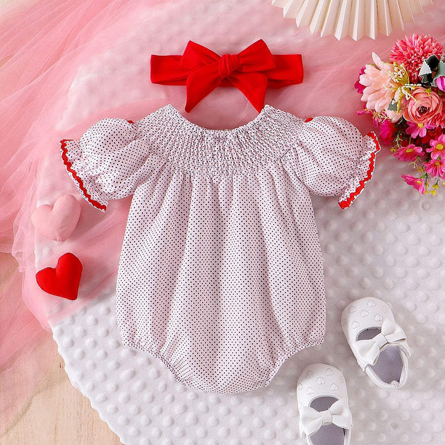 2PCS Bow Heart Embroidery Short Sleeve Baby Romper
