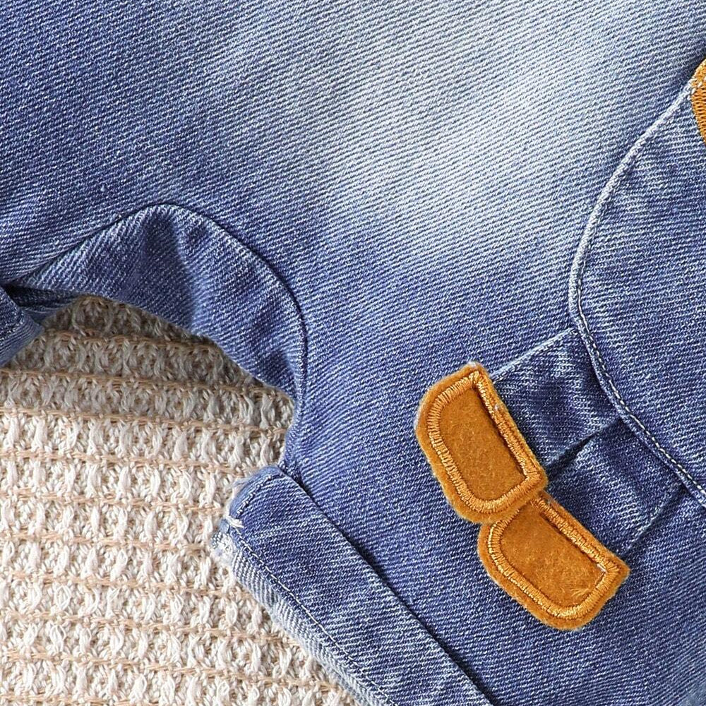 2PCS Cute Animal Printed Top And Embroidered Denim Overalls Baby Set