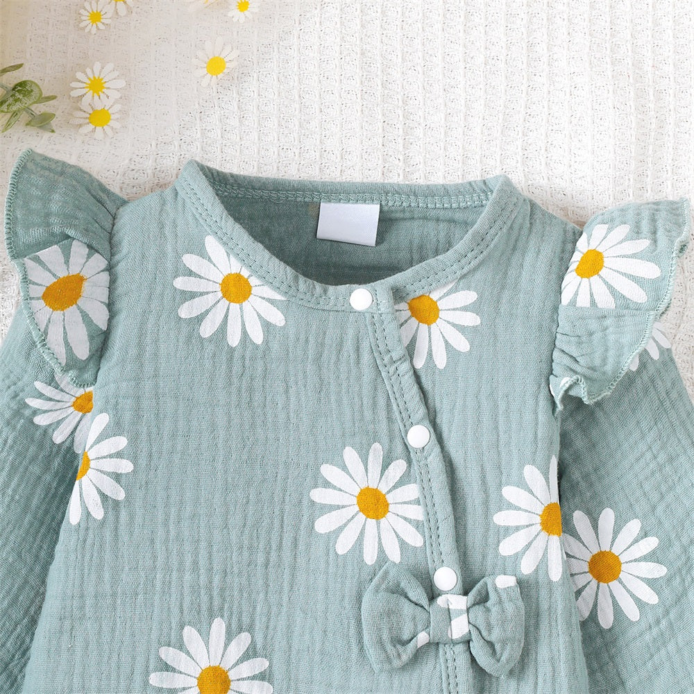 2PCS Stylish Daisy Print Bow Long Sleeve Baby Jumpsuit