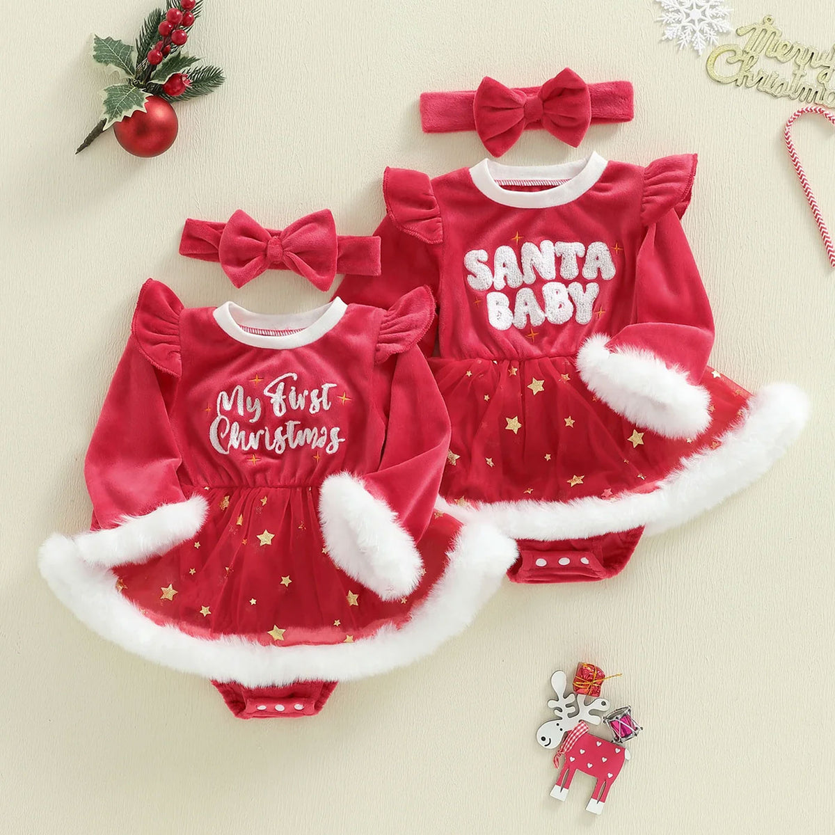 2PCS Christmas Star Print Velvet Fuzzy Baby Romper