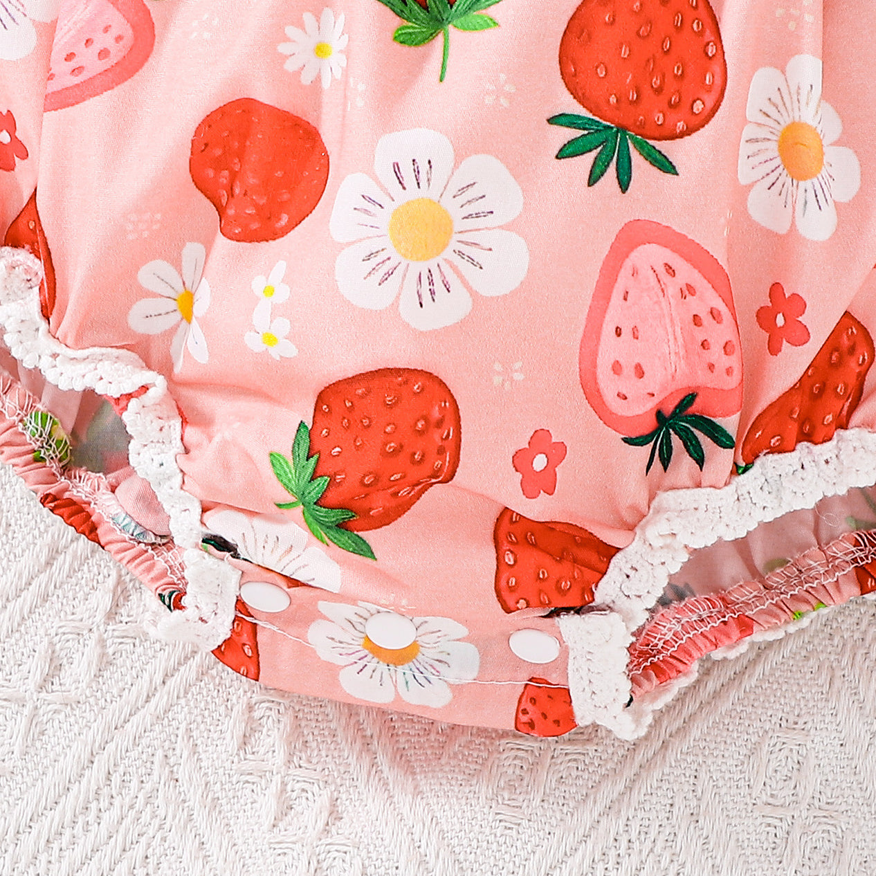 Vibrant Strawberry & Floral Print Bow Flutter Sleeve Baby Romper
