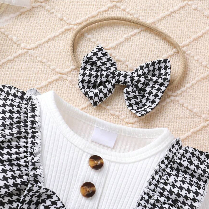 2PCS Chic Houndstooth Print Bow Long Sleeve Baby Girl Jumpsuit
