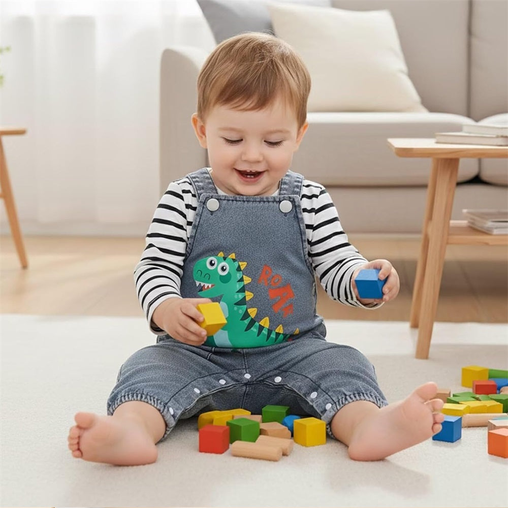 2PCS Casual Dinosaur Print Striped Long Sleeve Denim Overalls Baby Set