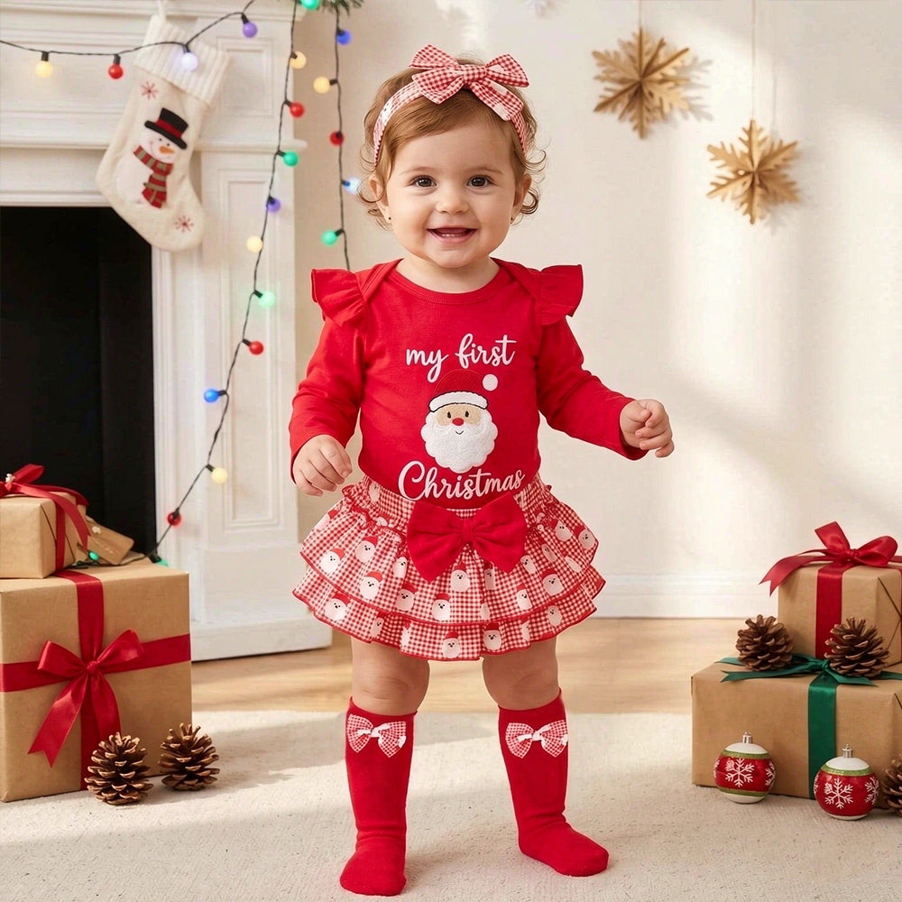 4 PCS Pretty My First Christmas Letter Santa Plaid Print Baby Set