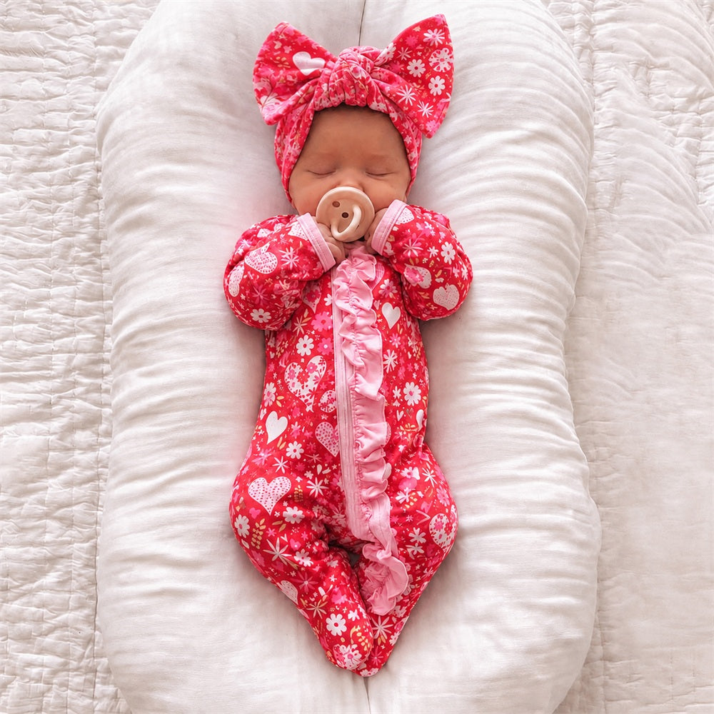 2PCS Timeless Floral Heart Print Long Sleeve Zipper Baby Jumpsuit