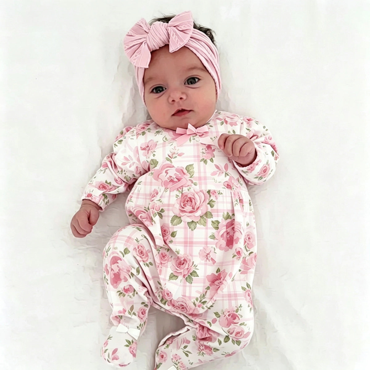 Bubbly Floral Plaid Printed Long Sleeve Baby Jumpsuit