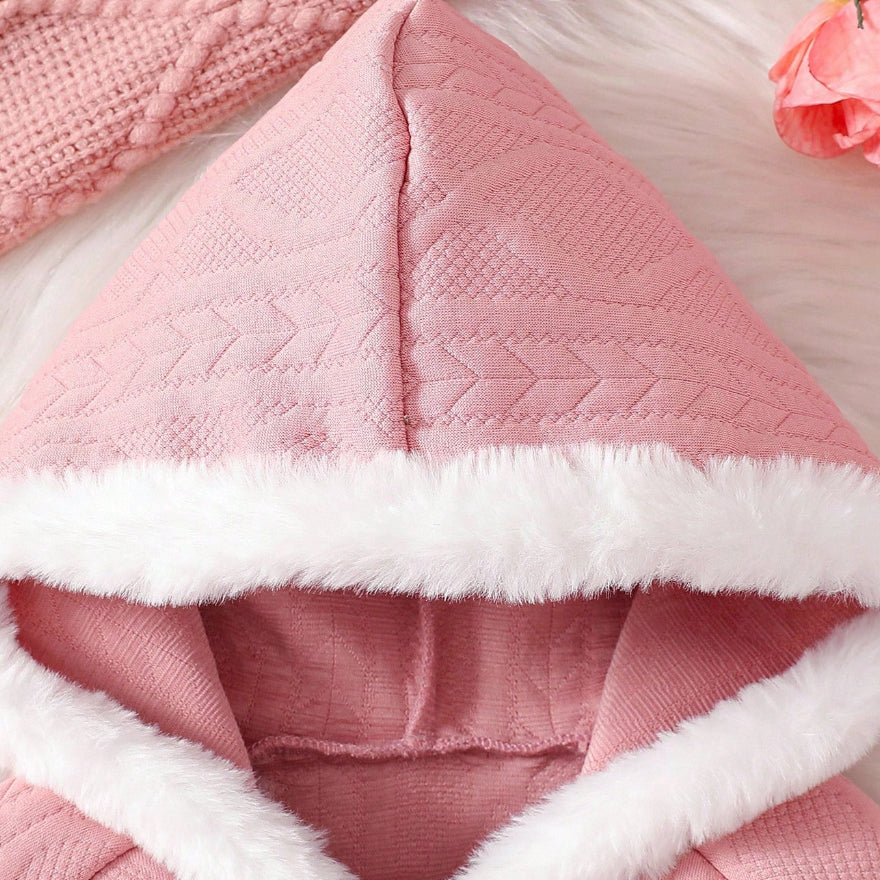 Pure Solid Color Plush Long Sleeve Hooded Baby Jumpsuit