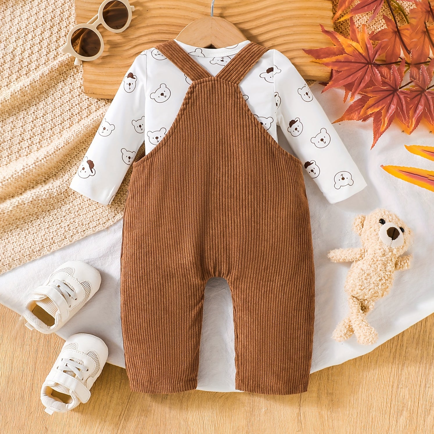 2PCS Comfy Bear Printed Long Sleeve Baby Overalls Set