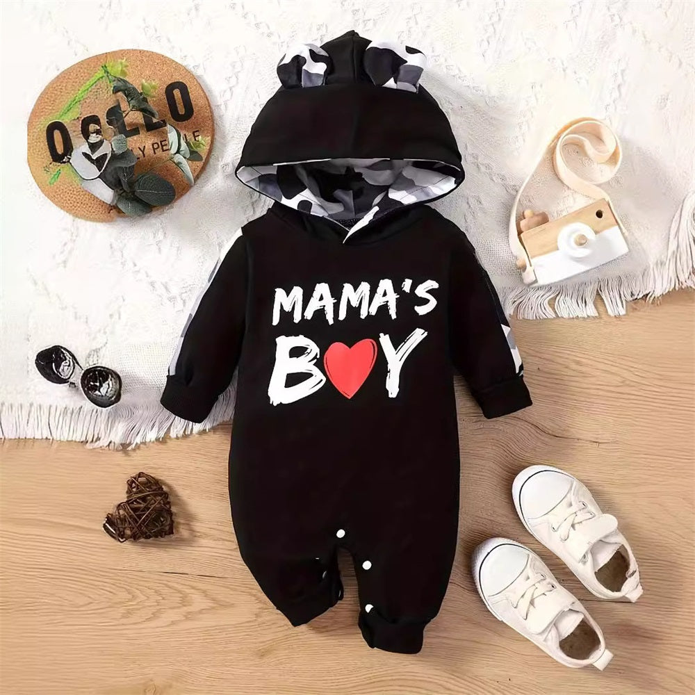 Mama's Boy Letter Print Long Sleeve Baby Hooded Jumpsuit