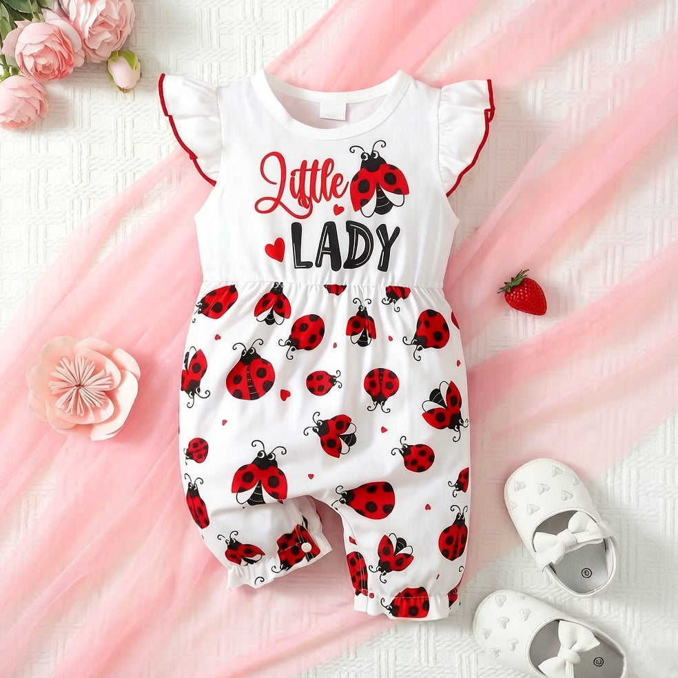 Cute Little Lady Letter Ladybug Print Flutter Sleeve Baby Jumpsuit