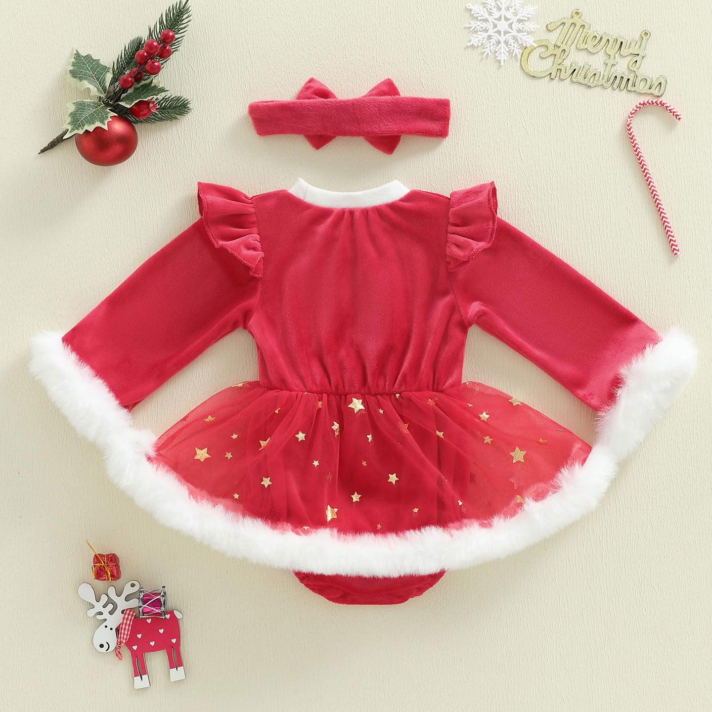 2PCS Christmas Star Print Velvet Fuzzy Baby Romper