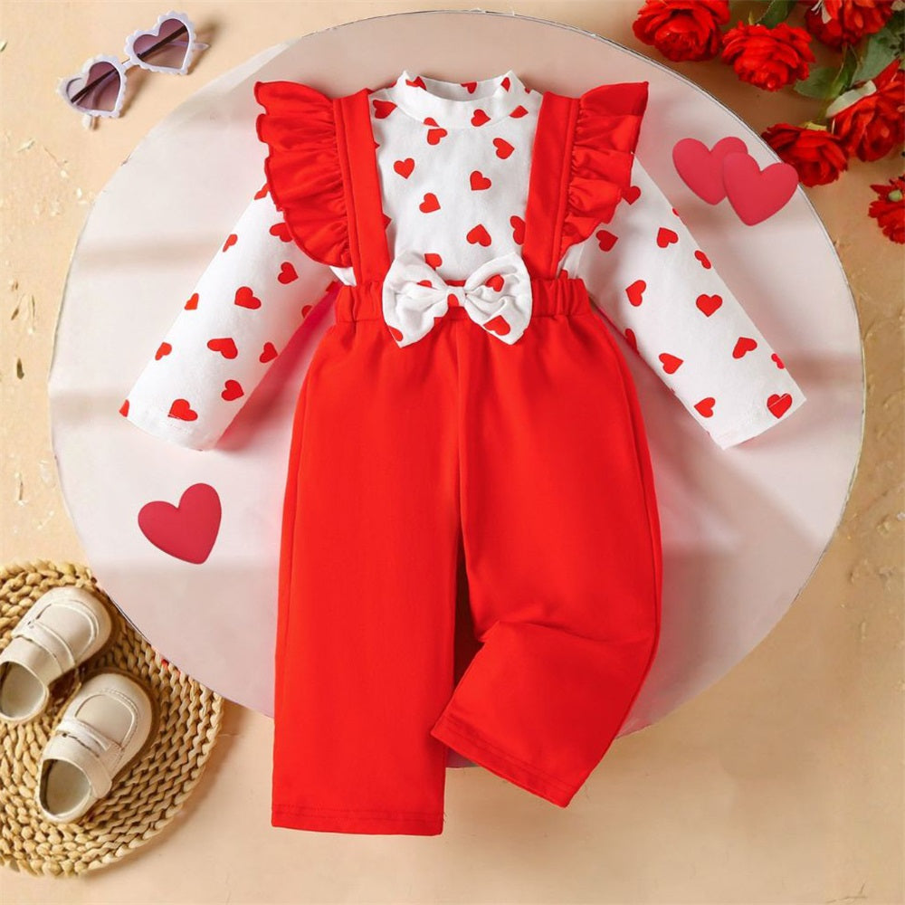 2PCS Sweet Heart Printed Long Sleeve Baby Overalls Set