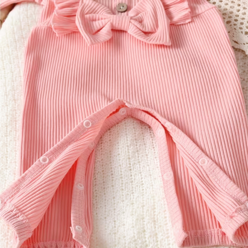 2PCS Comfy Solid Color Bowknot Long Sleeve Baby Jumpsuit