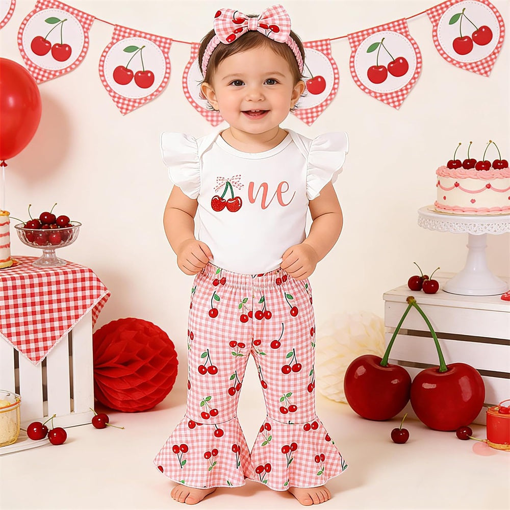 3PCS Pretty One Letter Cherry Plaid Printed Baby Set