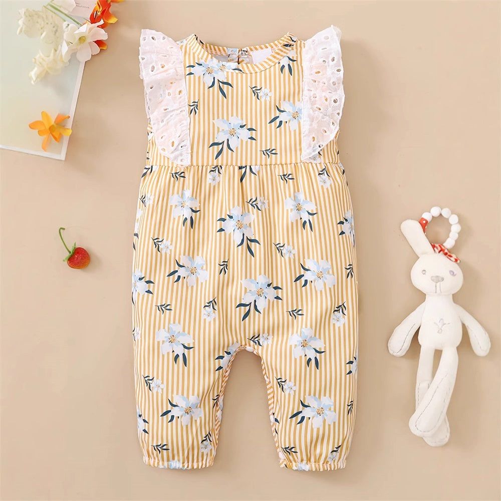 Floral Print Striped Lace Trim Sleeveless Baby Jumpsuit