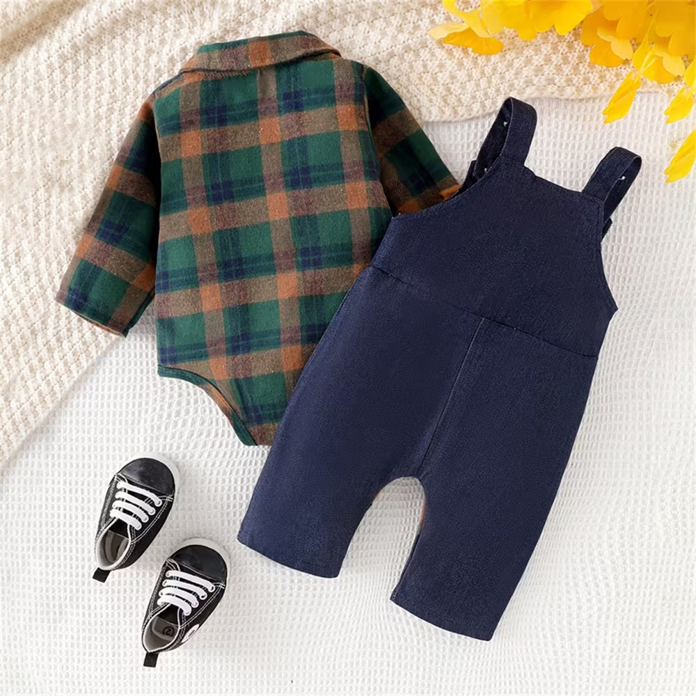 2PCS Cute Puppy Printed Plaid Long Sleeve Baby Overalls Set