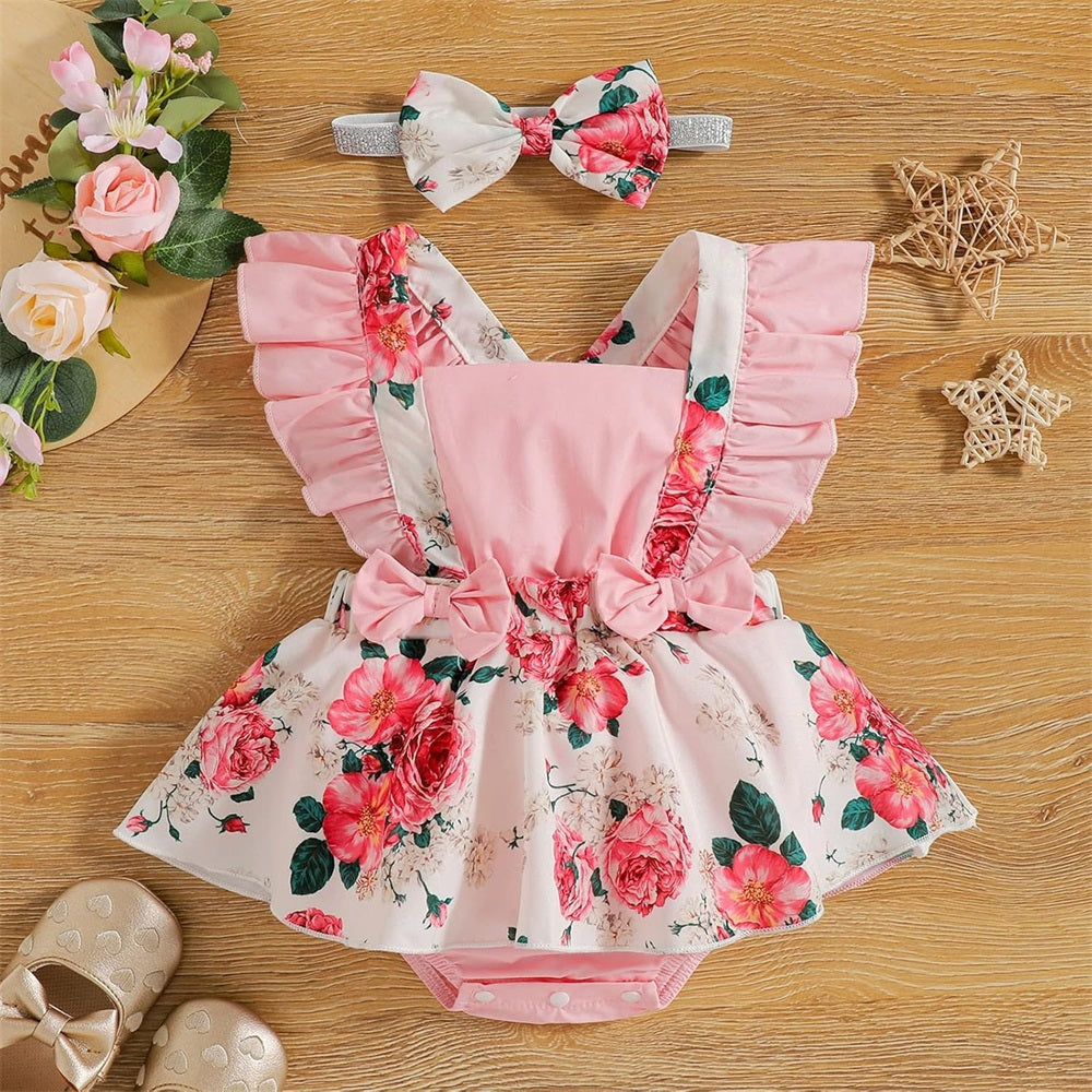 2PCS Floral Printed Bow Ruffles Fly Sleeve Baby Romper