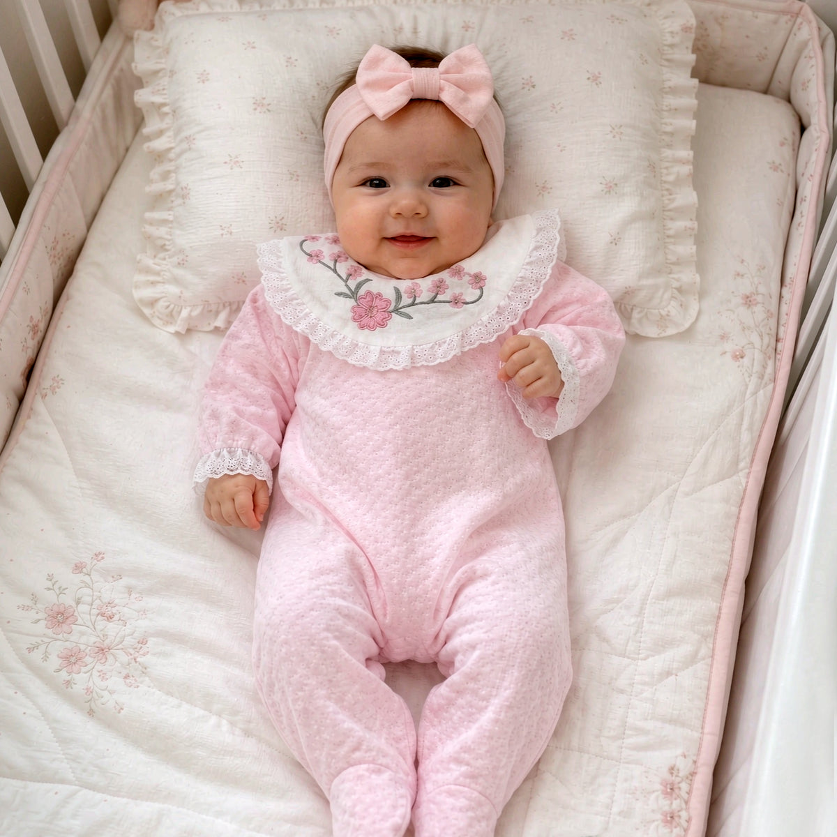 Sweet Floral Embroidery Long Sleeve Baby Girl Jumpsuit