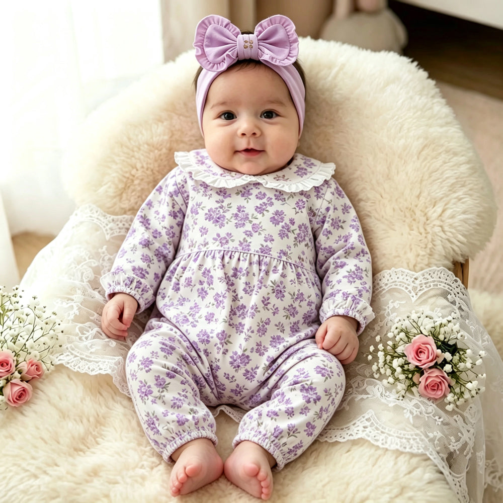 Dreamy Allover Ditsy Floral Print Long Sleeve Baby Girl Jumpsuit