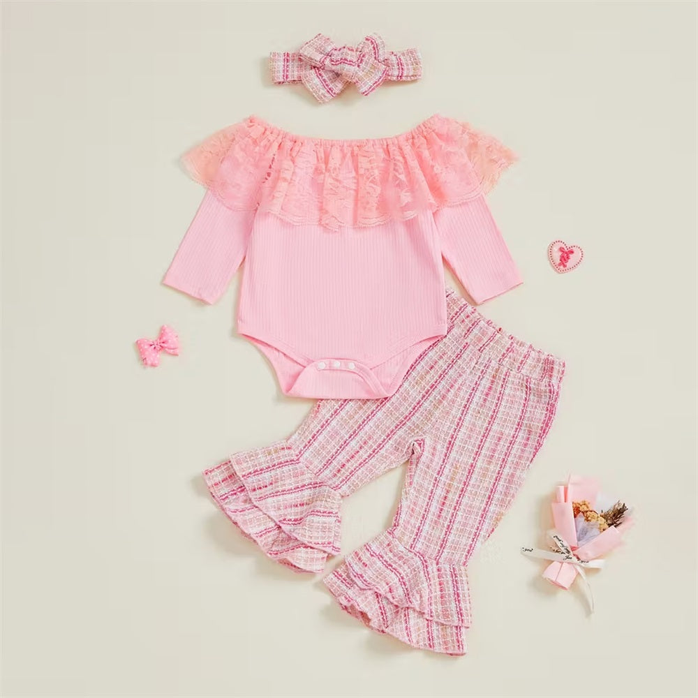 3PCS Soft Plaid Print Lace Trim Long Sleeve Baby Set