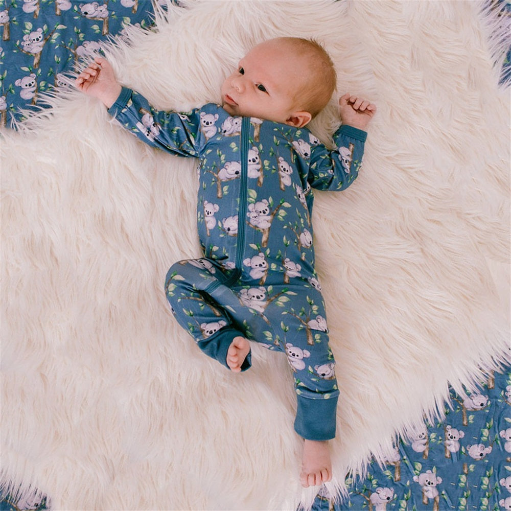Soft Koala Print Long Sleeve Zipper Baby Jumpsuit