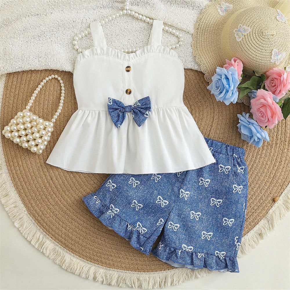 2PCS Cute Bow Printed Sleeveless Baby Set