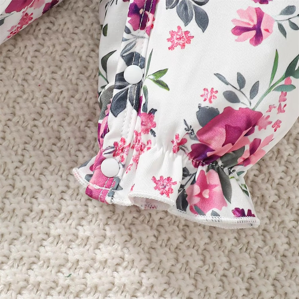 2PCS Exquisite Floral Printed Bow Long Sleeve Baby Girl Jumpsuit