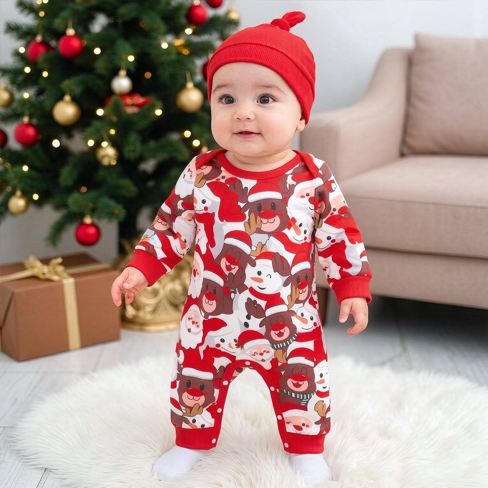 2PCS Cute Santa Snowman Print Long Sleeve Baby Christmas Jumpsuit