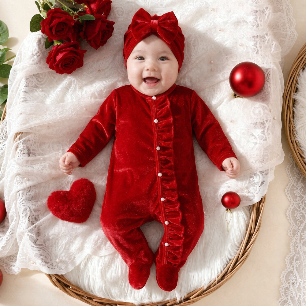 2PCS Classic Solid Color Ruffle Baby Girl Velvet Jumpsuit