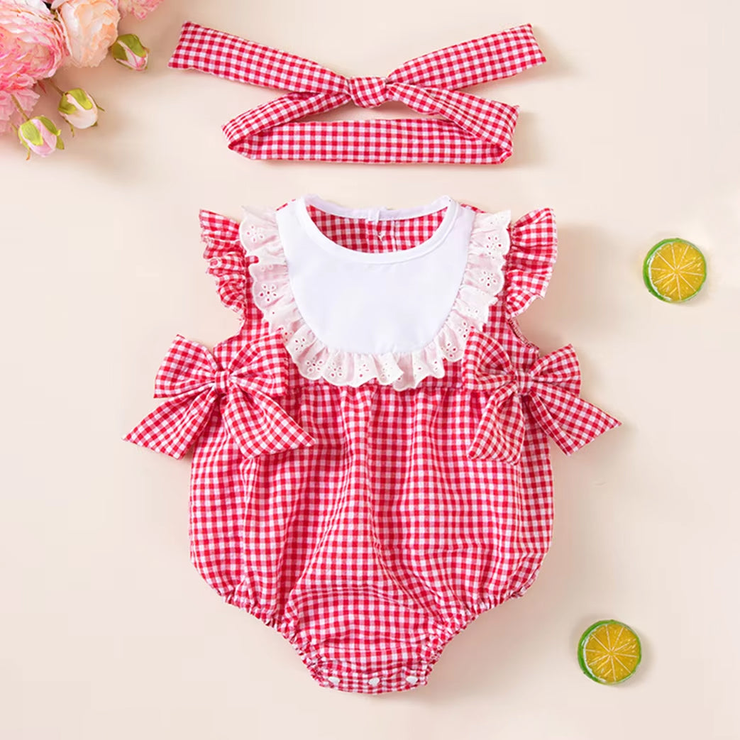 2PCS Cozy Plaid Print Eyelet Lace Trim Flutter Sleeve Baby Romper