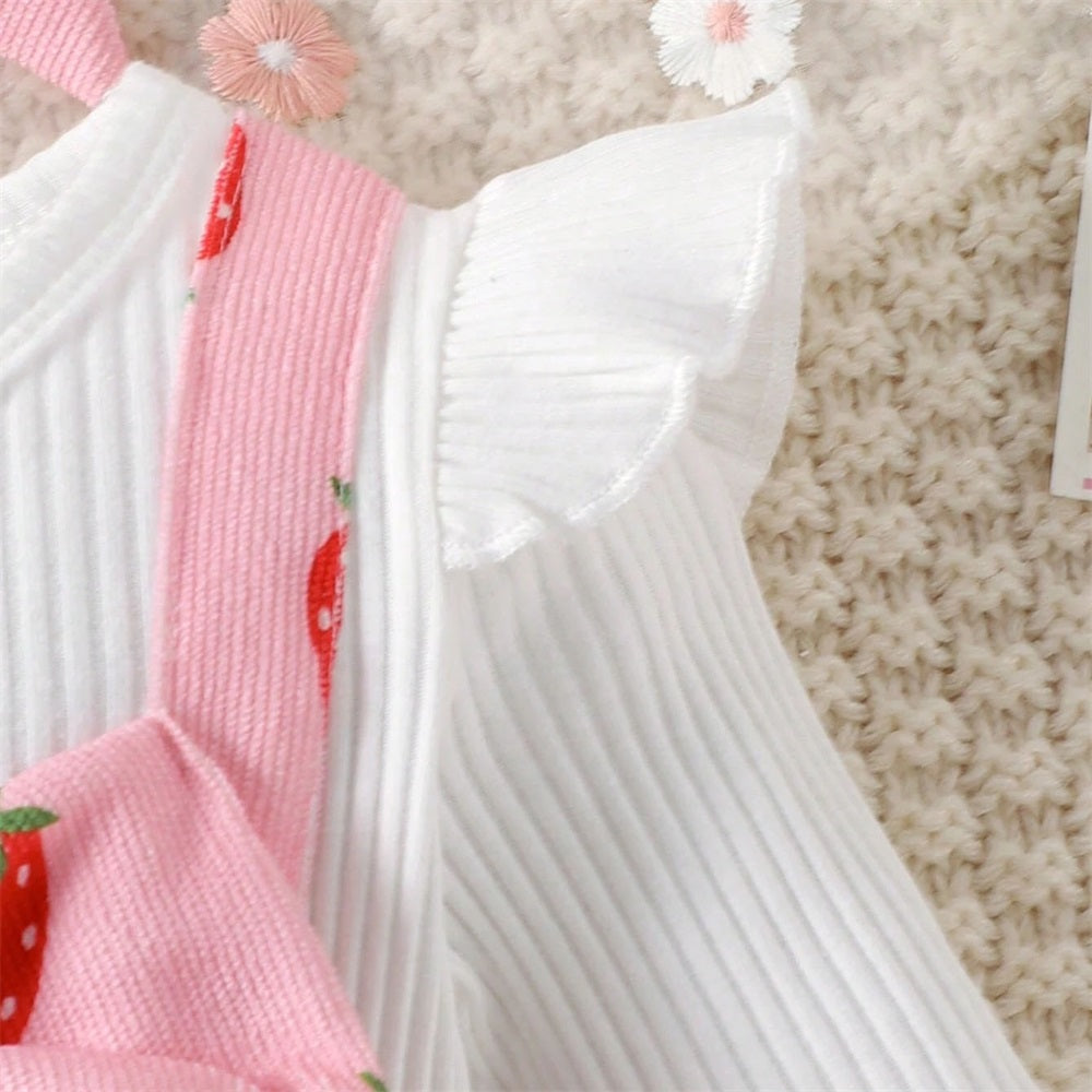 2PCS Sweet Strawberry Print Long Sleeve Baby Jumpsuit