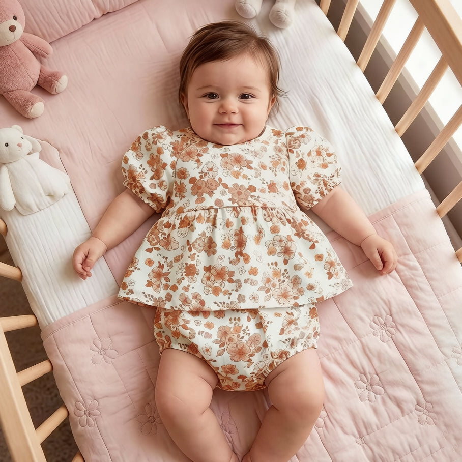 2PCS Vintage Romantic Floral Print Puff Sleeve Baby Set