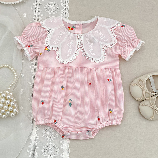 Cute Floral Embroidery Lace Short Sleeve Baby Romper
