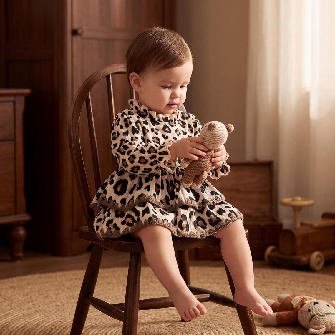 Sweet Leopard Printed Long Sleeve Baby Girl Romper