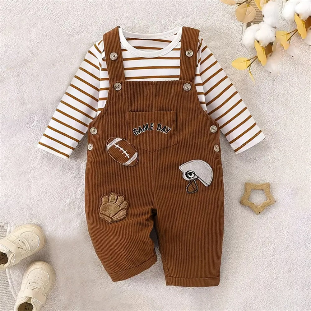 2PCS Boys' Game Day Striped Long Sleeve Baby Overalls Set