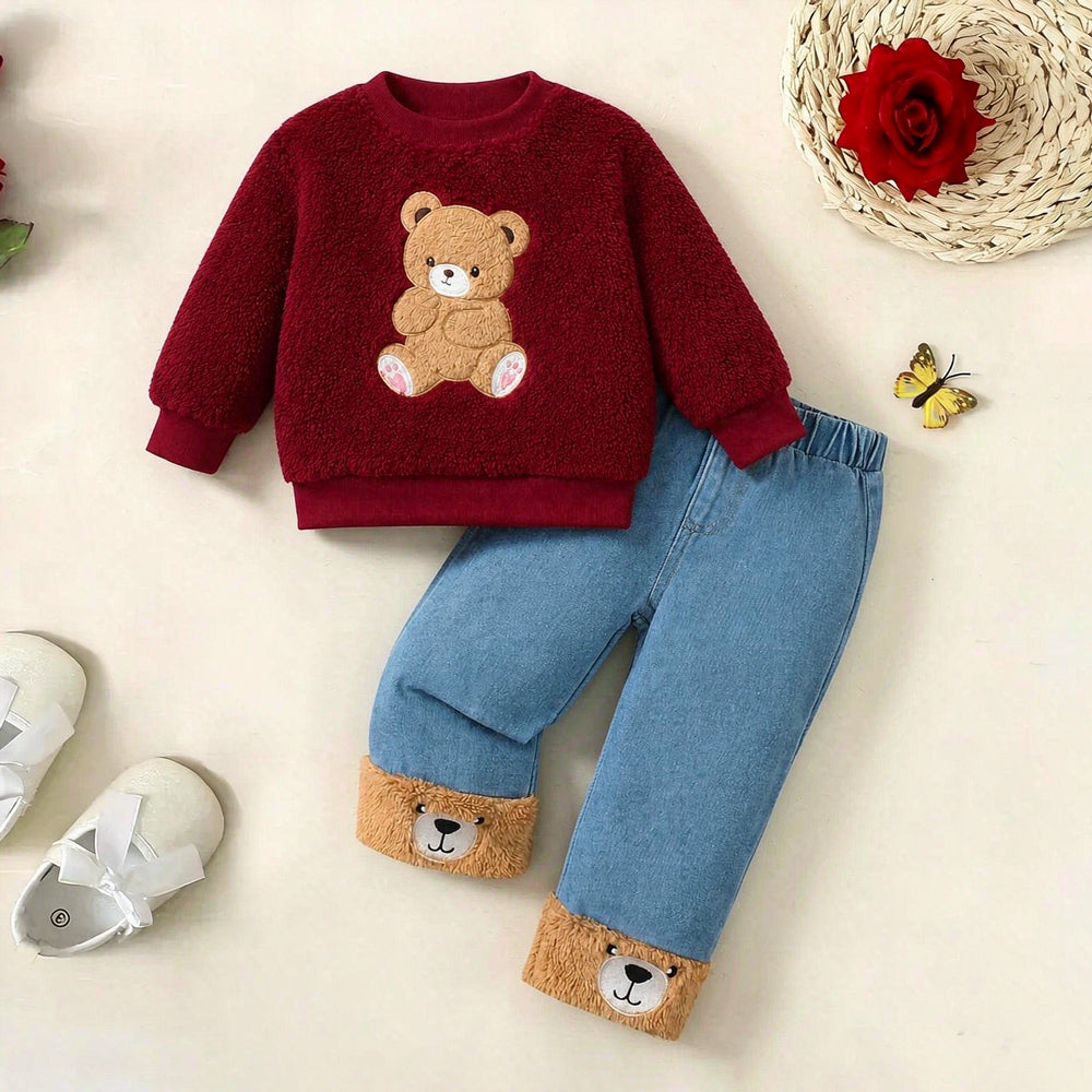 2PCS Lovely Bear Applique Sherpa Fleece Baby Girl Denim Set