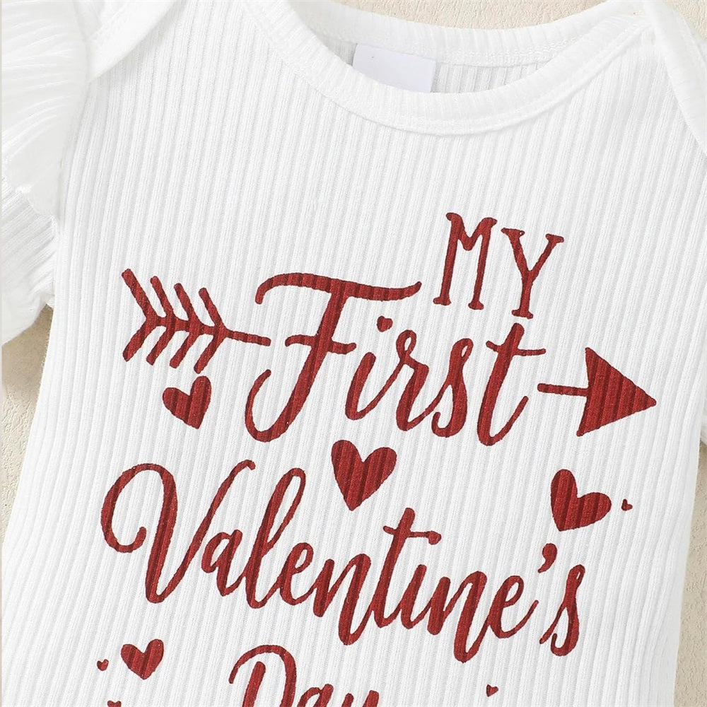 3PCS My First Valentine Letter Heart Print Short Sleeve Baby Set