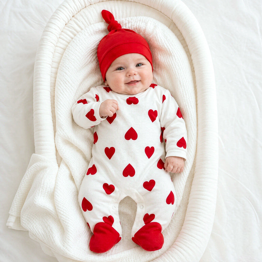 2PCS Charming Heart Printed Long Sleeve Baby Jumpsuit