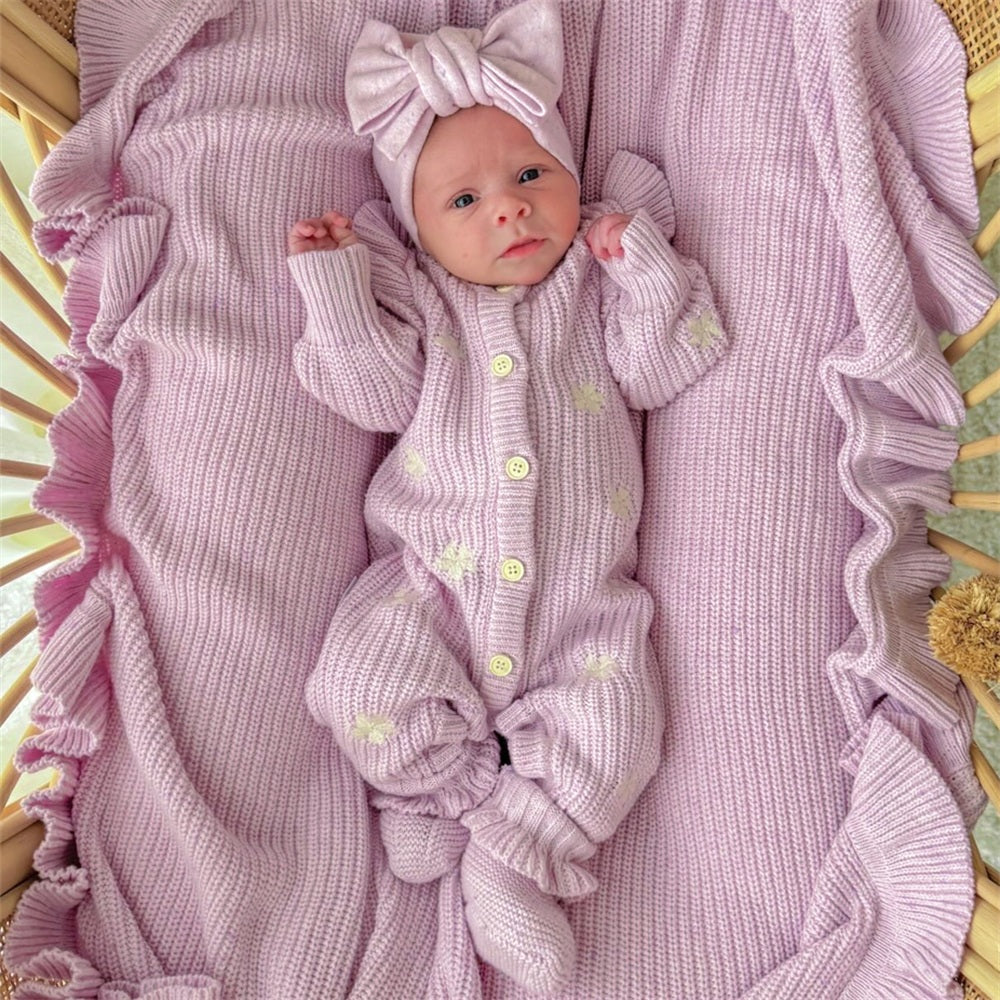 2PCS Cheerful Floral Embroidery Knit Long Sleeve Baby Jumpsuit