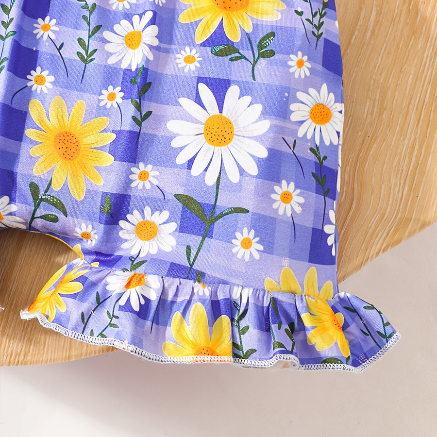 3PCS Miss Awesome Letter Daisy & Plaid Print Short Sleeve Baby Set