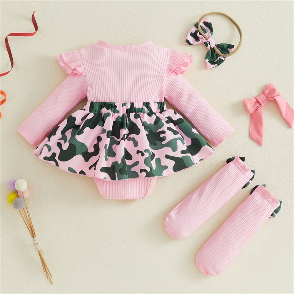 3PCS Adorable Camouflage Print Bow Baby Girl Romper