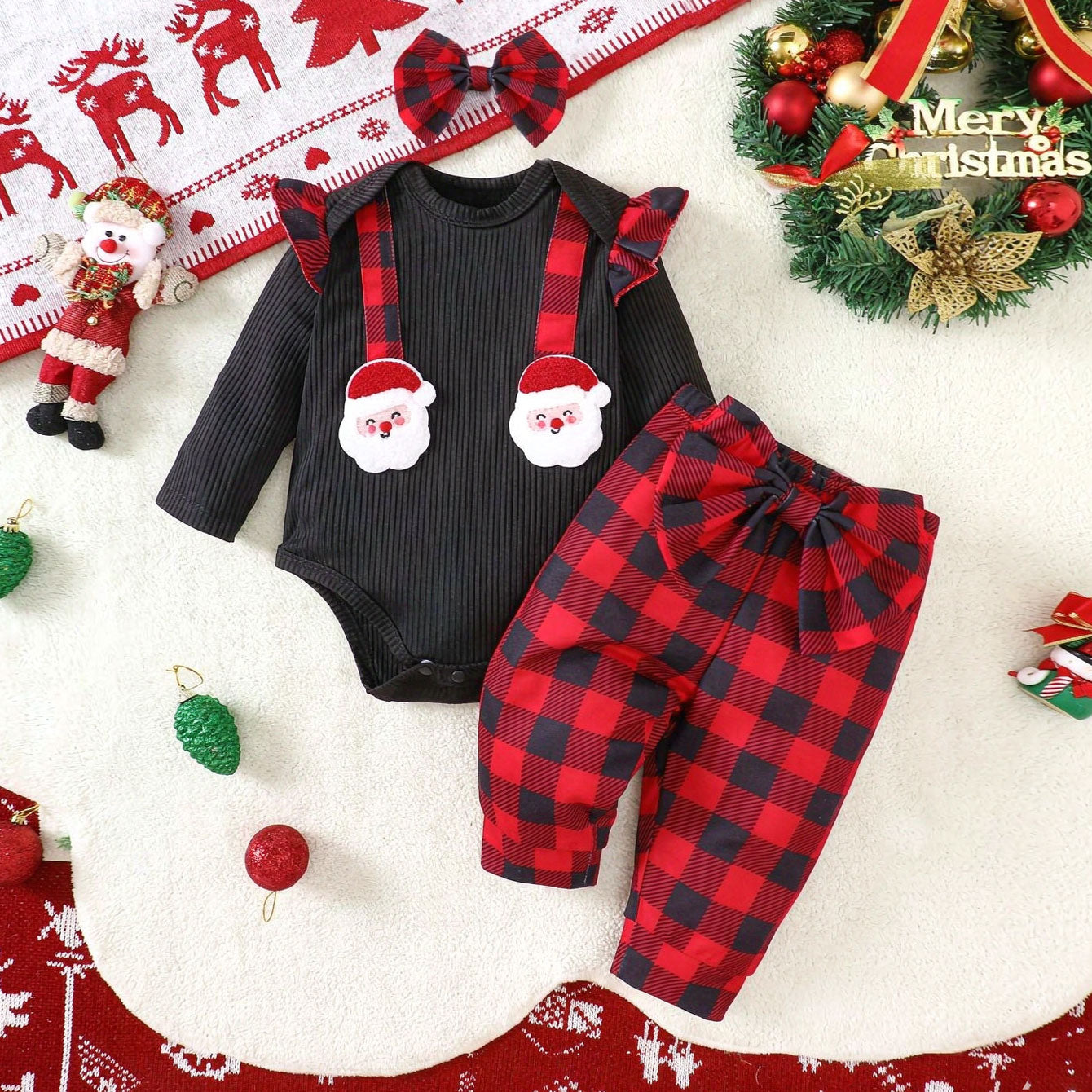3PCS Christmas Santa Claus Appliqué Plaid Print Long Sleeve Baby Set